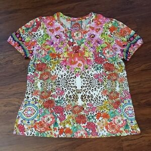 Johnny Was Floral Leopard Print Blouse Size XL NEW